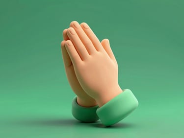 3D claymorphism illustration of hands folded in prayer, warm ambient lighting, emerald green background, soft shadows
