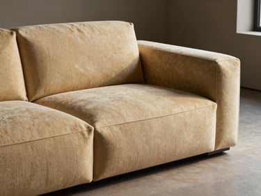The same minimalist modern sofa perfectly upholstered in premium textured boucle fabric in a soft champagne gold tone, sharp clean seams, styled in a high-end penthouse interior with dramatic lighting.
