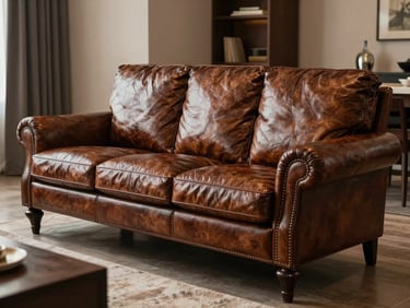 A beautifully restored classic European sofa in rich deep brown Italian leather, flawless hand-stitched seams, plump cushions, set in a luxurious modern Semarang residential living room with warm dramatic side lighting.