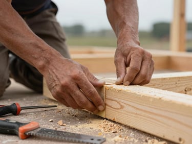 Close-up documentary shot of a worker's hands fitting a timber joint on a building frame, natural overcast daylight, sawdust visible, tools nearby on a workbench, tight framing focused on precision and process detail