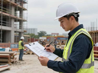 Site manager reviewing printed construction drawings on a clipboard at a busy building site, scaffolding visible in the background, overcast sky, wide environmental framing