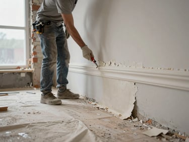Residential renovation in mid-progress, a worker carefully removing a section of period plaster cornice, dust sheets protecting the floor, overcast window light, exposed brick wall in background