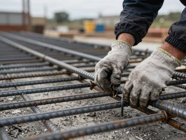 Close-up of steel reinforcement bars being tied by gloved hands on a concrete slab, overcast daylight, rebar grid in sharp focus, blurred site background