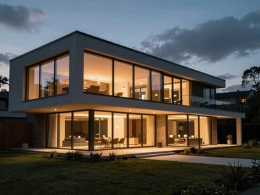 Cinematic wide shot of a modern architectural home at twilight, warm interior lights glowing through massive glass walls, moody Dutch sky.