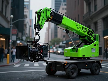 Behind the scenes shot of a heavy camera crane moving over a dark city street, neon green spill