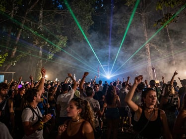 Wide shot of a festival crowd dancing under laser lights in a misty forest at night