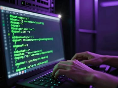 Extreme close-up of hands typing glowing green code on a terminal in a dark server room, purple backlighting, anamorphic lens flare.