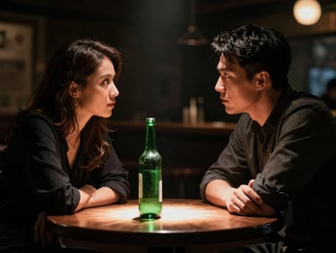 Low-key dramatic shot of two actors in a tense conversation inside a dark bar, a single green bottle on the table caught in a sharp spotlight.