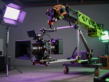 Behind-the-scenes production still of a high-end commercial shoot, a massive camera rig on a crane, neon purple and green studio lights.