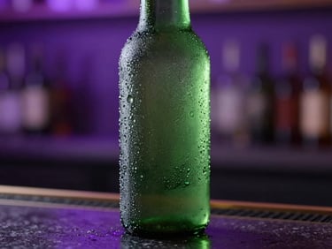 Close-up of a condensation-covered green bottle on a dark bar counter, neon purple background glow