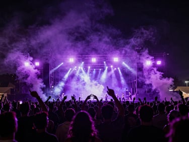 Wide cinematic shot of an outdoor music festival crowd at night under intense violet strobe lights, smoke machines, high-contrast silhouettes.