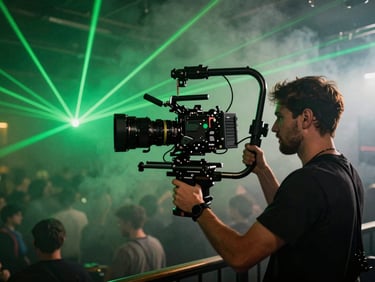 A montage frame showing a camera operator holding a heavy gimbal rig, moving through a smoky club scene with vibrant green laser lights.
