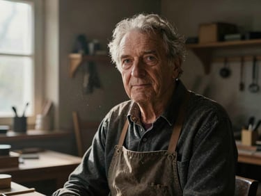 Moody portrait of an elderly Dutch artisan in a dimly lit workshop, soft window light catching dust motes, deep shadows, cinematic atmosphere.