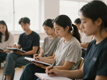 Volunteers in a training session, focused on a speaker, notes taken, soft diffused natural light, muted compassionate tones, 35mm