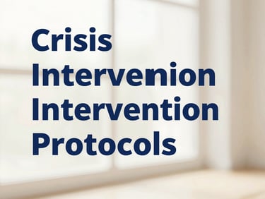 Clean, minimalist cover of crisis intervention protocols, with a structured abstract design in deep slate blue and cream, soft diffused natural light, muted compassionate tones, shallow depth of field, 35mm