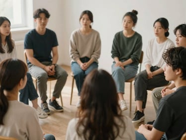 A group of people in a quiet, supportive circle, listening attentively, natural light, muted compassionate tones, 35mm