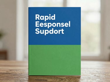 Featured clean, minimalist cover of a rapid response guide for emotional support after catastrophe, with a bold yet calm design in primary blue and accent green, soft diffused natural light, muted compassionate tones, shallow depth of field, 35mm