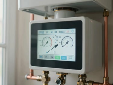 Close-up shot of a modern condensing boiler digital calibration screen displaying pressure levels, with clean copper pipework runs in the background, natural daylight illumination.