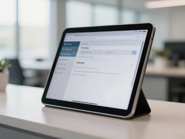 Tight macro shot of a tablet kiosk displaying a clean check-in screen, placed on a minimalist reception desk, bright morning office light, shallow depth of field.