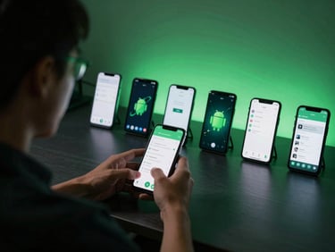 Over-the-shoulder view of an engineer testing an app on multiple physical Android devices lined up on a dark workbench, soft green backlighting