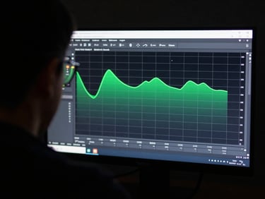 Over-the-shoulder view of an Android developer profiling memory allocation on a monitor, showing flat garbage collection lines, realistic screen glow.