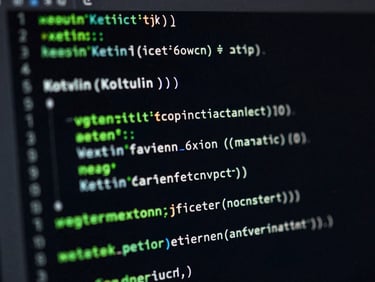 Macro shot of clean Kotlin code inside an IDE on a dark monitor, glowing green syntax highlighting, shallow depth of field