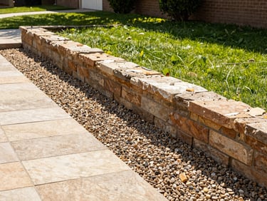 After: Fully cleared side yard with fresh gravel, a clean-swept stone walkway, and a sturdy new retaining wall under bright sunlight, 35mm