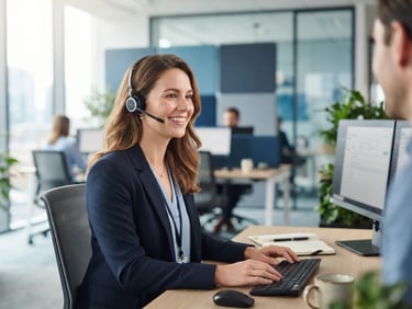 Medium close-up of a professional customer service agent in a bright, modern office with cool blue and slate tones, wearing a headset, smiling naturally, shallow depth of field, natural office daylight.