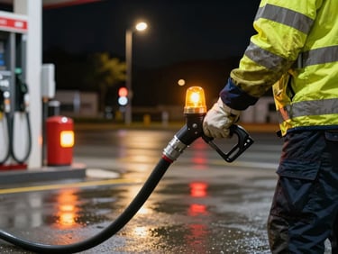 Dramatic close-up of a professional technician in high-visibility gear holding a specialized fuel extraction hose at a Madrid gas station at night, bright amber emergency lights reflecting on the wet asphalt.