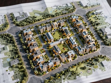 Architectural master plan blueprint of a modern gated township with organized wide roads, parks, and utility grids, glowing under clear light.