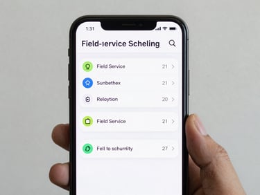 Android phone screen showing a field-service scheduling app, clean two-level navigation, bright neutral studio light, device frame visible