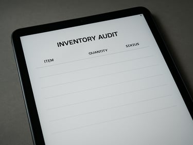 Close-up of Android tablet screen displaying an inventory audit app with a sparse list view, overhead studio lighting, interface text legible