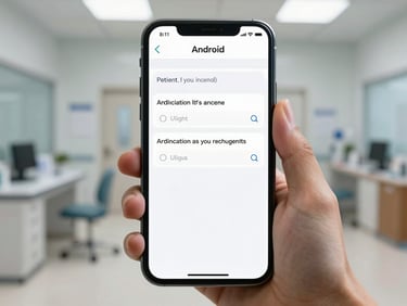 Android phone held in hand showing a patient intake form app, single-question-per-screen layout, bright clinic lighting, screen fully legible