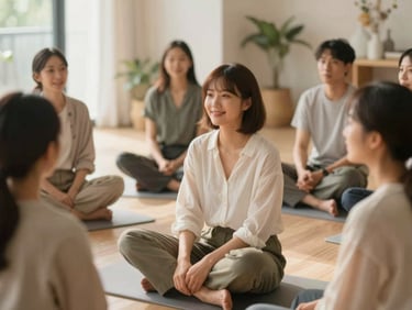 A group of professionals sitting in a relaxed circle during a wellness workshop, warm natural light, genuine expressions, shallow depth of field, 35mm.