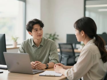 A wide environmental shot of a manager and employee talking calmly in a bright, modern office with soft daylight, shallow depth of field, 35mm.