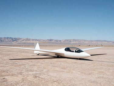 A modern glider resting near the runway at Jean Sport Aviation Center, dry desert lakebed visible in the distance, crisp daylight.