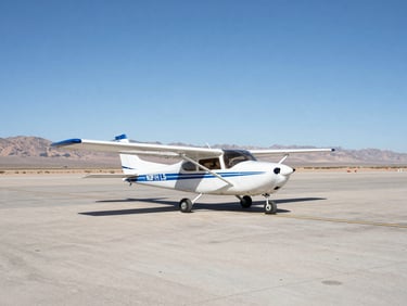A white and blue Cessna flight training airplane parked at North Las Vegas Airport, clear desert sky, wide-angle documentary shot.