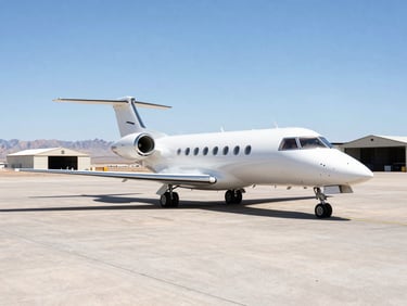 A sleek turboprop corporate aircraft parked on the tarmac at Henderson Executive Airport, bright Nevada desert daylight, sharp shadows on the concrete, hangars in the background.