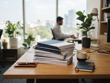 A clean, modern workspace in Bengaluru with soft natural daylight illuminating neat stacks of financial documents on a warm wood desk, professional editorial photography, shallow depth of field, 35mm