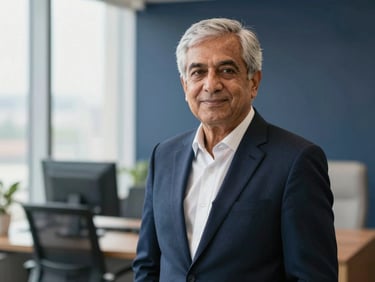 A professional environmental portrait of a senior financial consultant in a modern Gurugram office, soft natural daylight, deep navy background, professional editorial