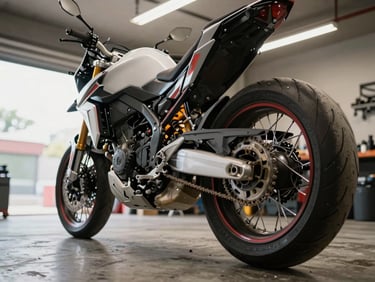 Wide close-up of a dual-sport motorcycle on a floor stand in a workshop, front wheel removed and leaning against the frame, tungsten ceiling light, concrete floor with tool marks, natural daylight from a side window