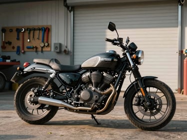 Finished motorcycle parked near a workshop roll-up door, natural afternoon light from outside, tools hung on pegboard visible in background, bike facing left, concrete floor, no people