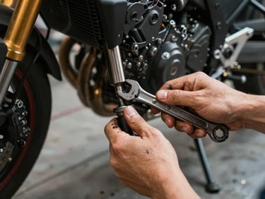 Hands of a mechanic torquing bolts on a motorcycle rear axle, close-up from above, warm tungsten light, socket wrench in grip, grease on knuckles, workshop floor visible below