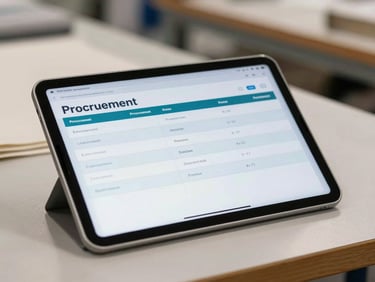 Close-up of a digital tablet showing a clean procurement dashboard in a modern textile workshop setting