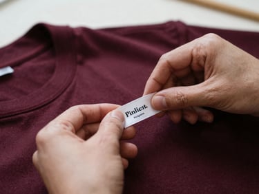 Hands carefully attaching a custom brand label to a finished garment, focus on the label and stitching, soft natural light, shallow depth of field, 35mm