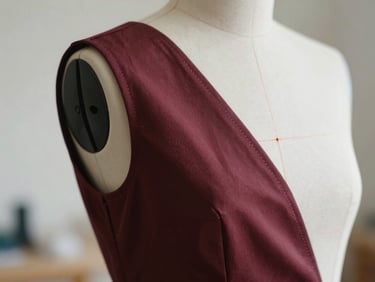 Close-up of a garment prototype being fitted on a mannequin, showing meticulous stitching details, soft studio light, shallow depth of field, 35mm