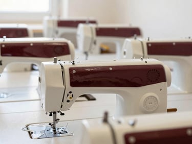 Rows of modern sewing machines in a clean, organized atelier, soft natural light, focus on intricate stitching, 35mm