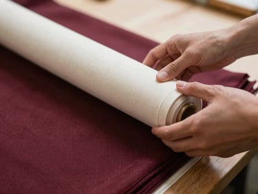 Hands carefully examining a roll of luxurious fabric, rich texture visible, warm natural light, shallow depth of field, 35mm