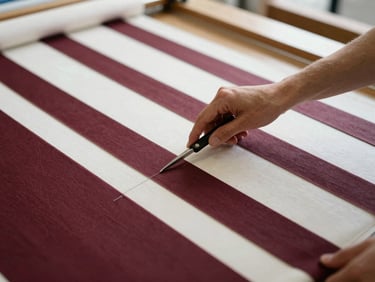 Overhead shot of a textile worker meticulously cutting multiple layers of fabric with precision tools in a modern atelier, soft natural light, 35mm