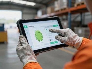 Close-up on hands wearing heavy-duty work gloves interacting with a rugged Android tablet UI inside an industrial warehouse, high-contrast cool tones with safety orange highlights, overcast daylight, 35mm